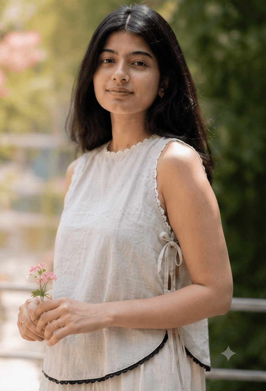 Kusu Top – Ivory Khadi Cotton Tie-Detail Top for Women - Image 2