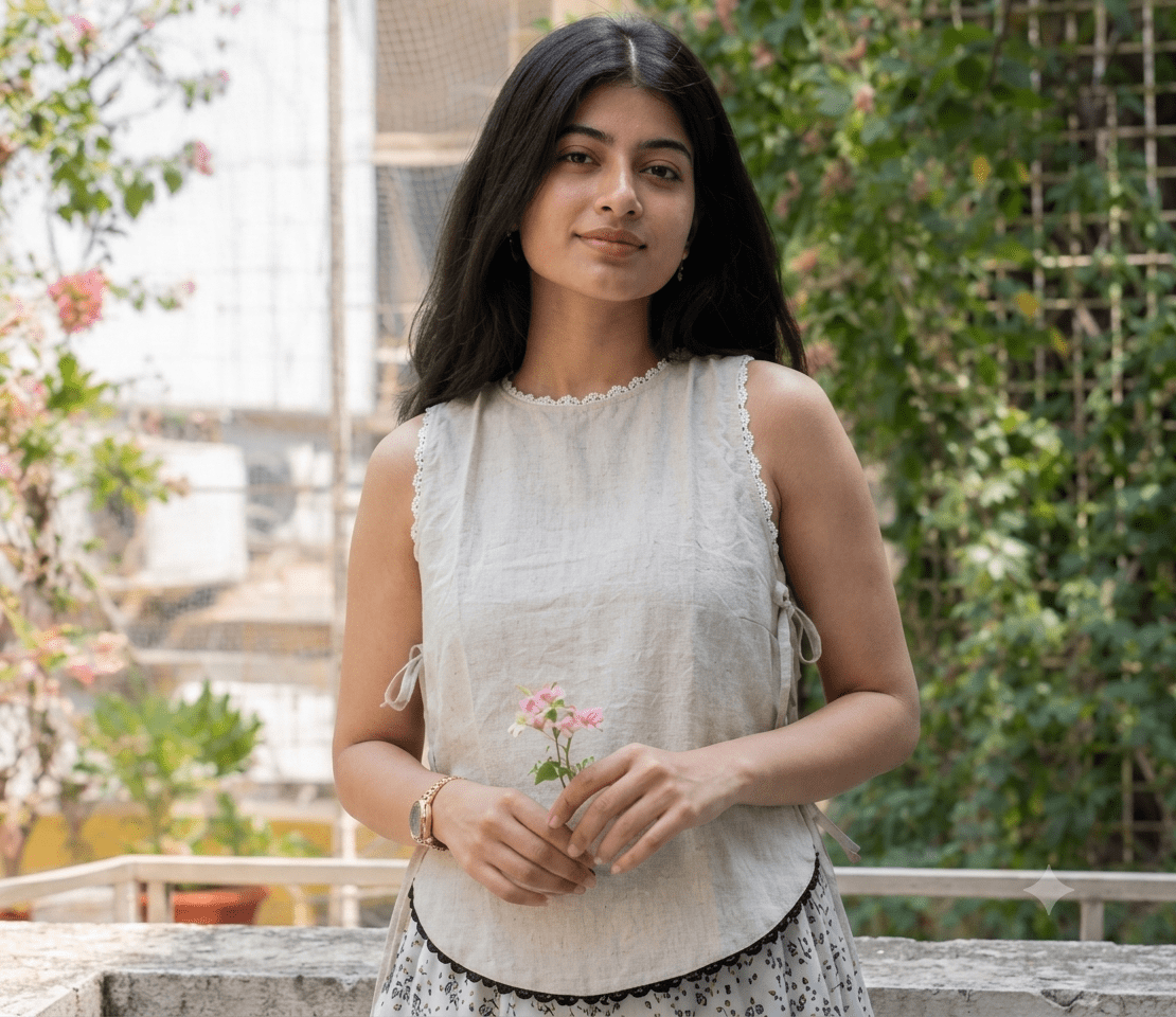 Kusu Top – Ivory Khadi Cotton Tie-Detail Top for Women