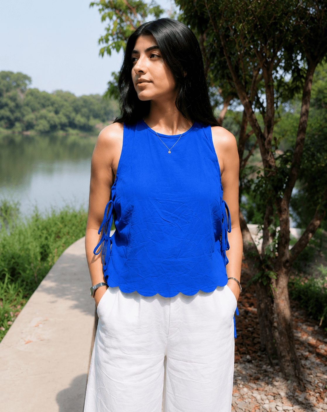 Neelika Top – Blue Khadi Cotton Tie-Detail Top for Women