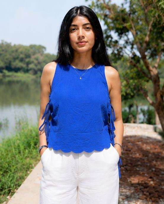 Neelika Top – Blue Khadi Cotton Tie-Detail Top for Women - Image 7