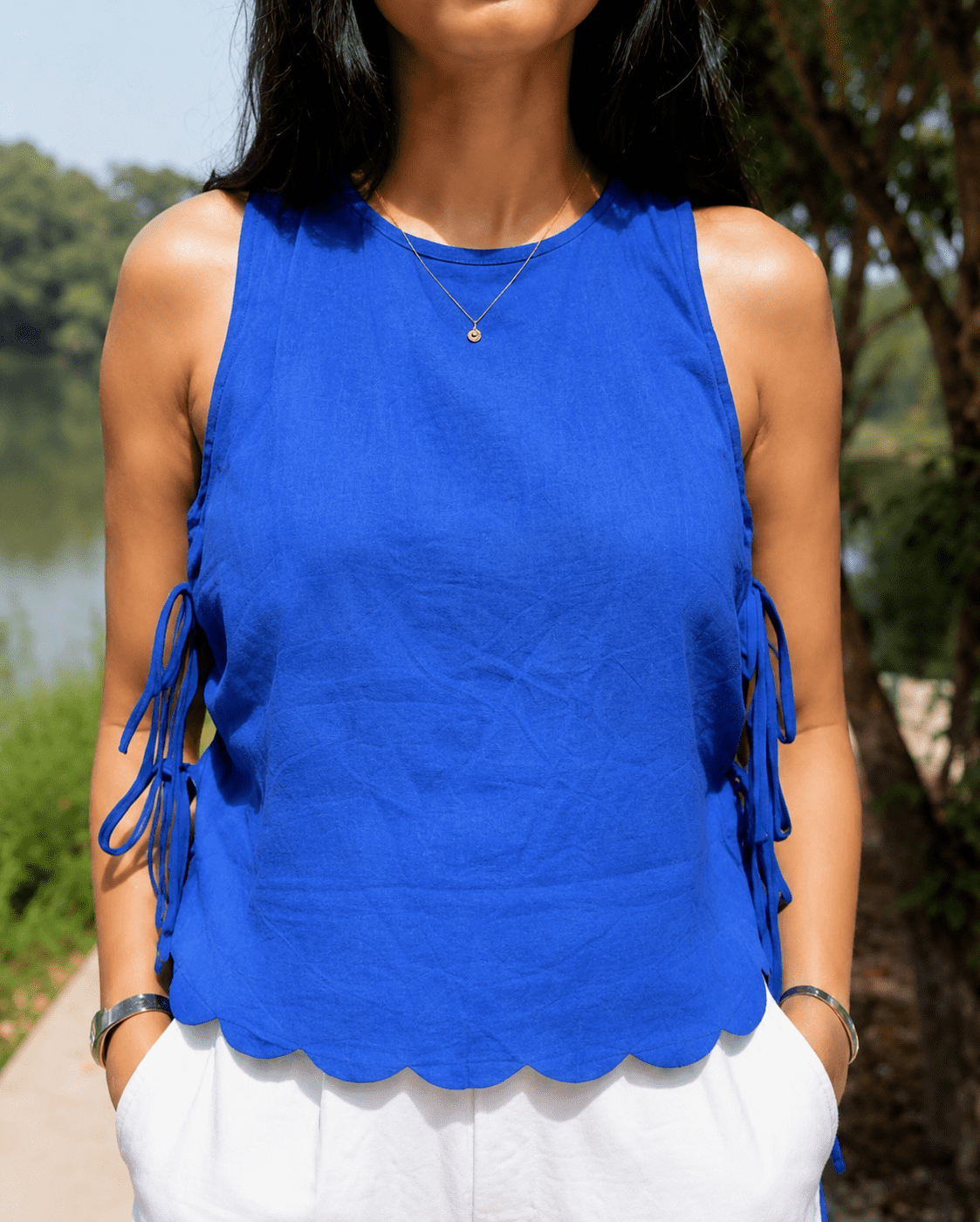 Neelika Top – Blue Khadi Cotton Tie-Detail Top for Women - Image 5