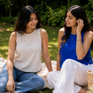 NeelKusu Combo – Blue & Ivory Khadi Cotton Tops for Women