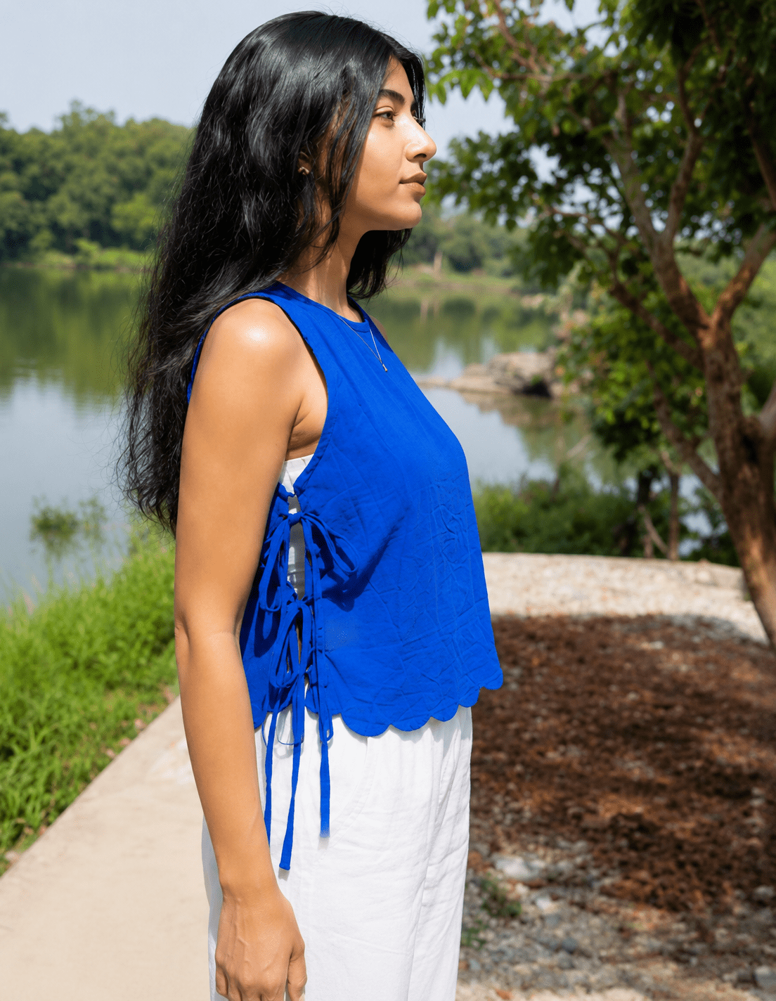 Neelika Top – Blue Khadi Cotton Tie-Detail Top for Women - Image 2
